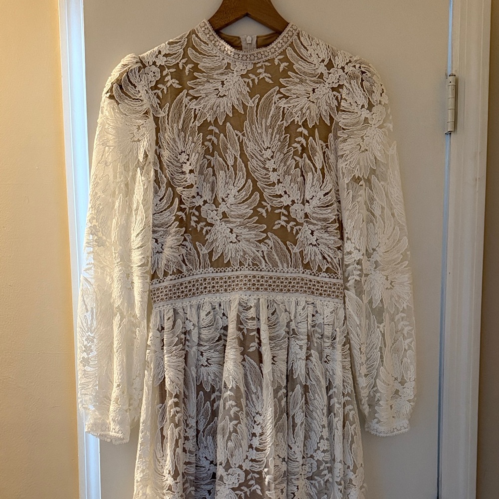 Ivy City Co White Lace Long Sleeve Sheer Embroidered Dress